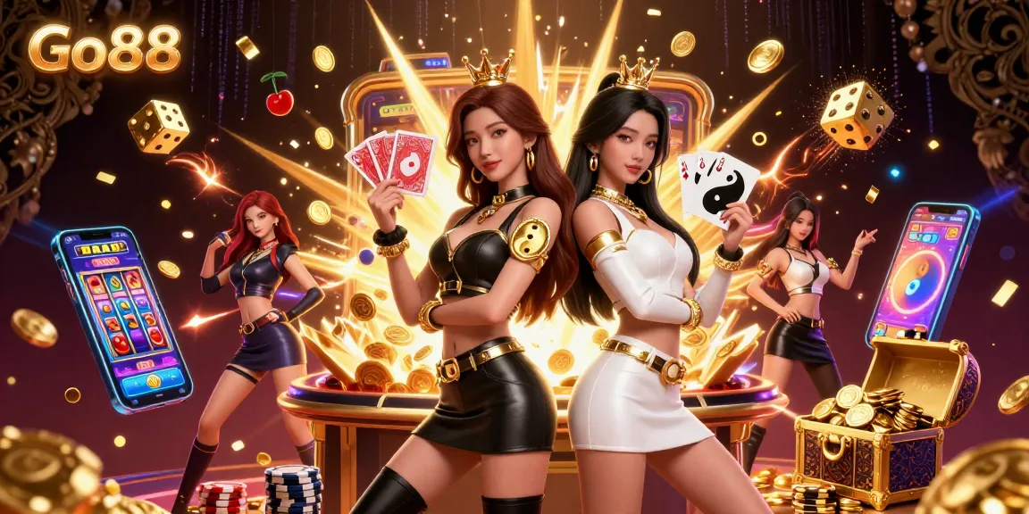 Experience the thrill of Go88 with stunning Asian women showcasing powerful casino gameplay amidst vibrant gambling elements.