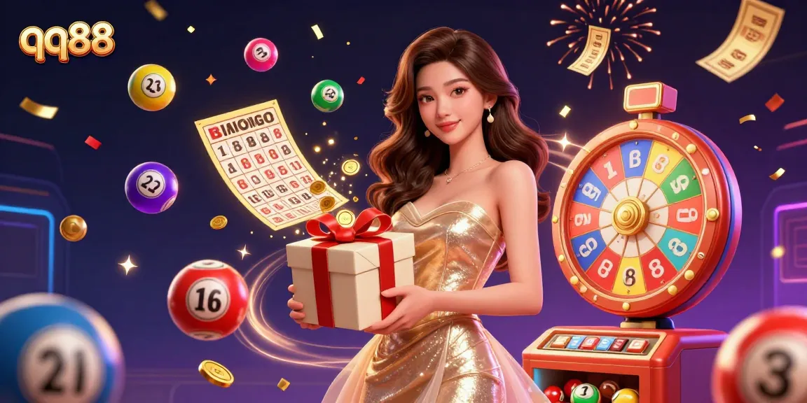 Engage with qq88's vibrant casino world, showcasing exciting lottery elements and festive atmosphere.