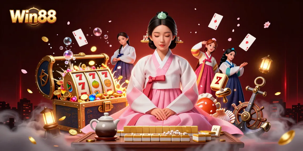 Engage with the vibrant Win88 casino scene showcasing slots, treasures, and an elegant character.