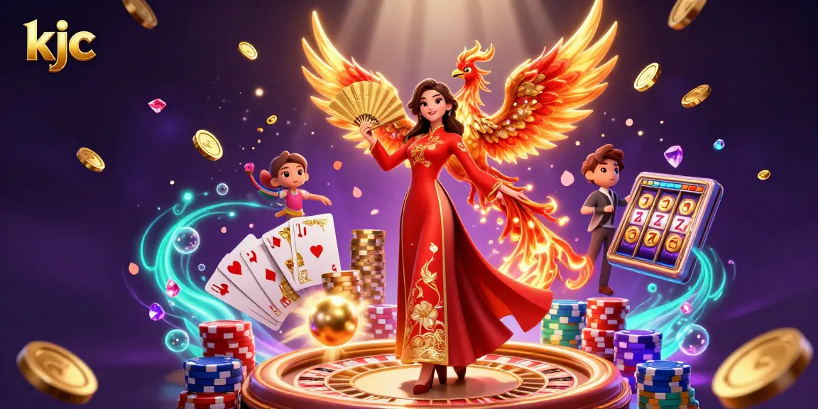 KJC offers an engaging online casino experience with a vibrant 3D woman and phoenix illustration.