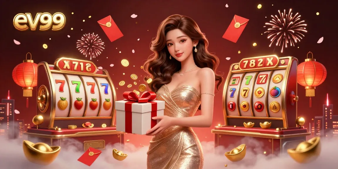 Experience the excitement of ev99, showcasing a fabulous Asian model in a casino setting with slot reels and festive elements.