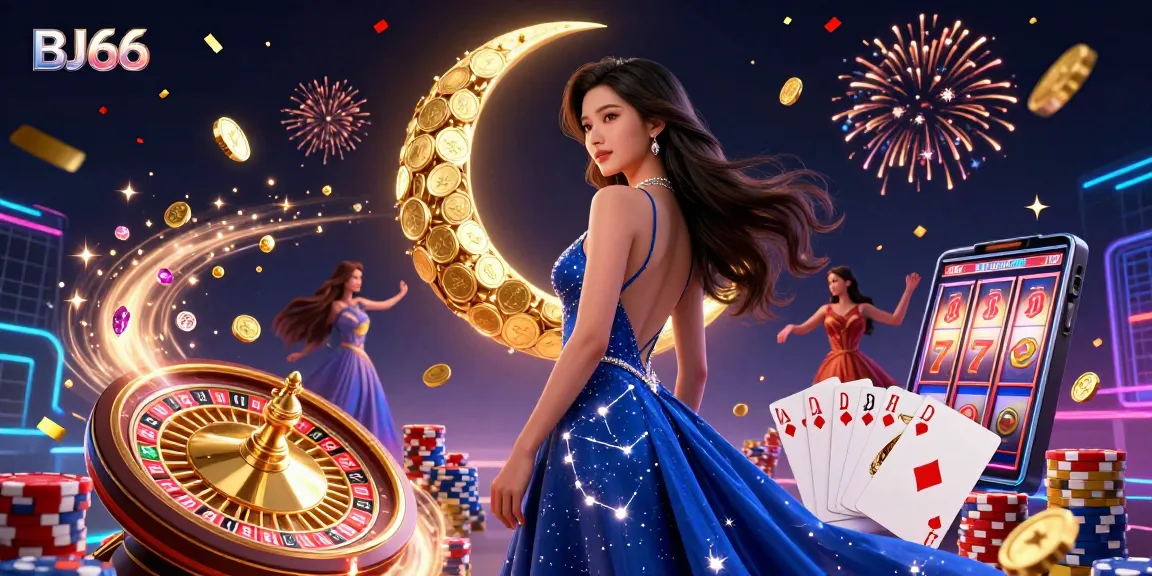 Experience the thrill of BJ66 with a glamorous Asian character amidst a vibrant casino scene packed with winning elements.