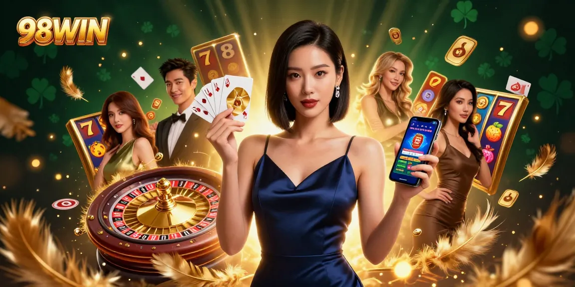 Join the excitement at 98WIN with stunning gameplay featuring a confident player amidst a lavish casino atmosphere.