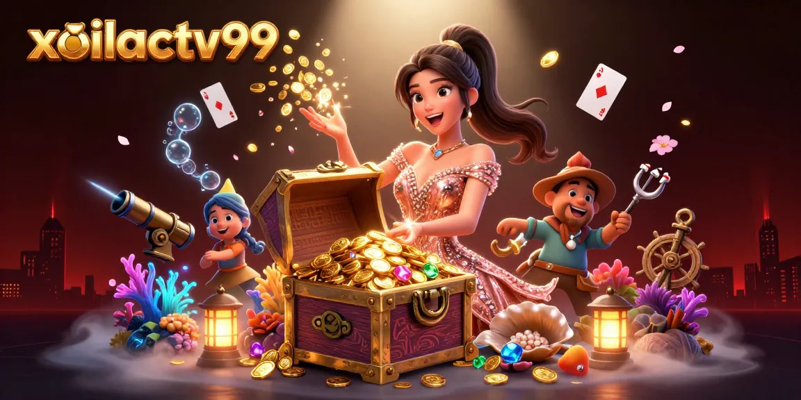Xoilactv99 showcases an exciting illustration of a joyful woman presenting a treasure chest in a dazzling, vibrant casino setting.