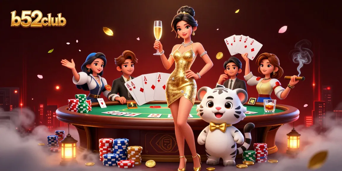 B52Club showcases a glamorous woman and lucky tiger cub amidst poker action and vibrant casino elements.