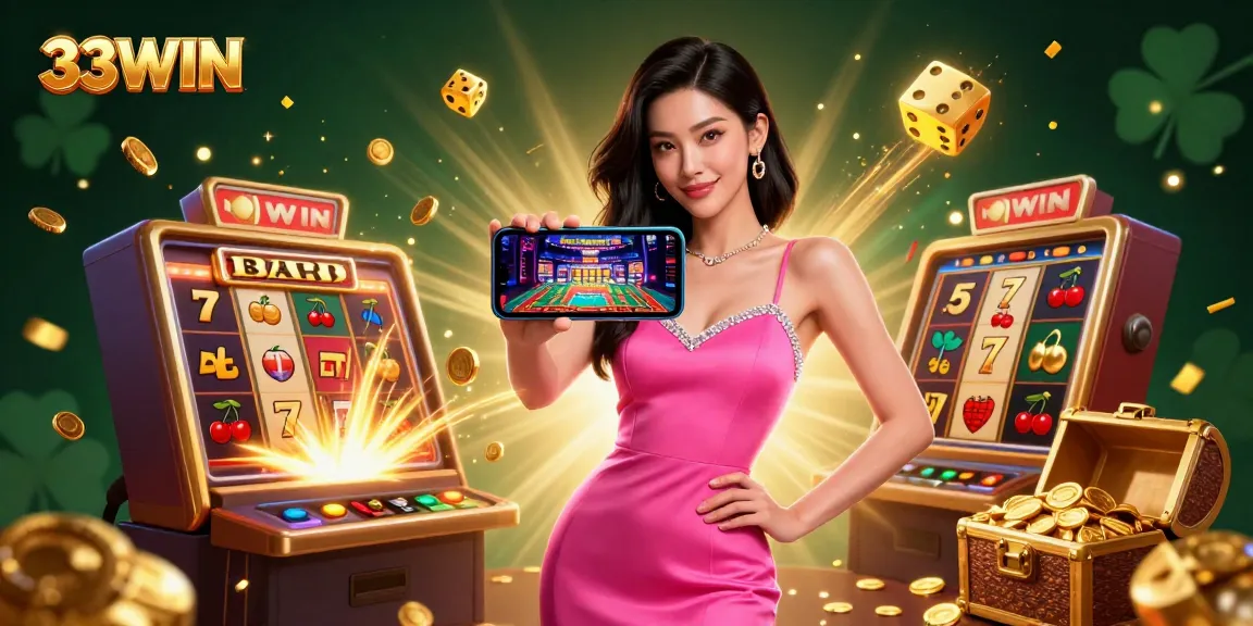 Experience the excitement of gaming with 33WIN in a vibrant, dynamic casino scene.