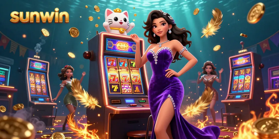 Experience the thrill of winning at sunwin with a stunning woman at a jackpot slot machine.