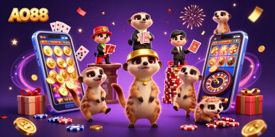 Engage with AO88 at a lively meerkat casino, showcasing colorful slots and active gameplay.