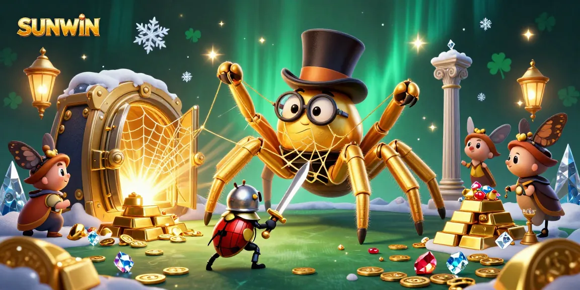 SUNWIN casino illustration with a golden tarantula and beetle knight in a vibrant gambling-themed scene.