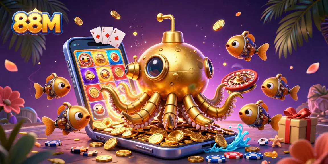 Experience gaming excitement with 88M's vibrant casino illustration featuring golden kraken and colorful slot games.