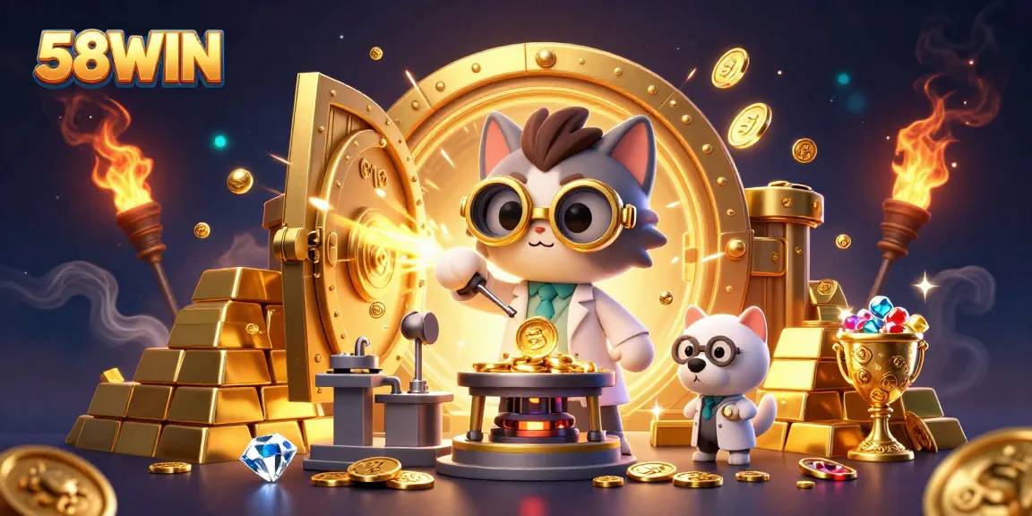 Engage with the vibrant 58WIN gaming scene, showcasing a mad scientist cat creating riches in an exciting casino world.