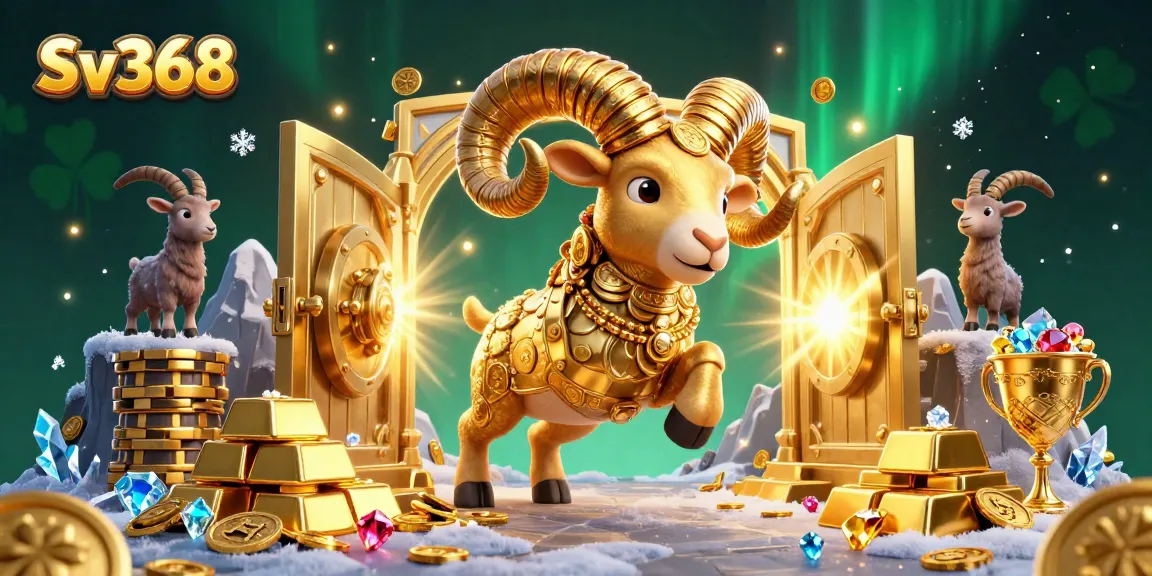 The golden ram showcases thrilling experiences at Sv368, surrounded by diamonds, gold bars, and vibrant casino excitement.