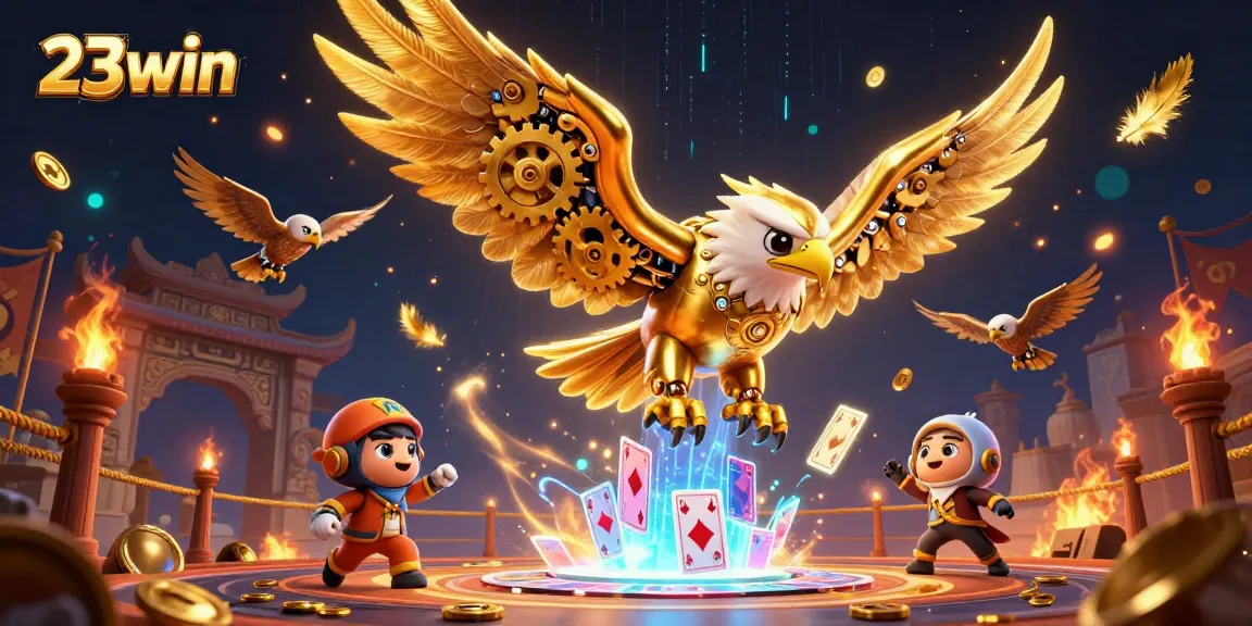 Experience thrilling action with 23win as the golden eagle soars through holographic cards in a vibrant casino setting.