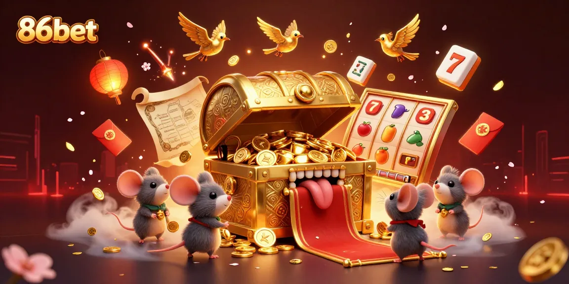Engage in thrilling gaming action at 86bet with vibrant casino elements and golden treasures.