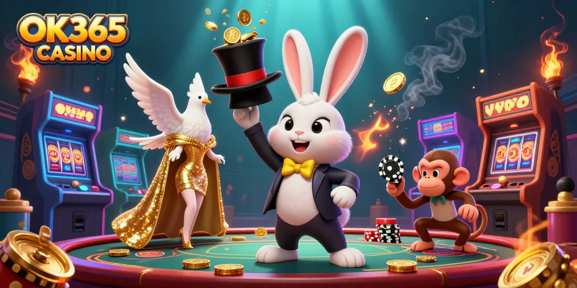 Experience excitement at OK365 CASINO with a lively 3D illustration featuring a magician rabbit and a poker pickpocket.