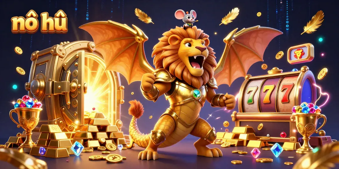Players discover exciting nổ hũ jackpot opportunities in a vibrant 3D casino scene filled with treasures.