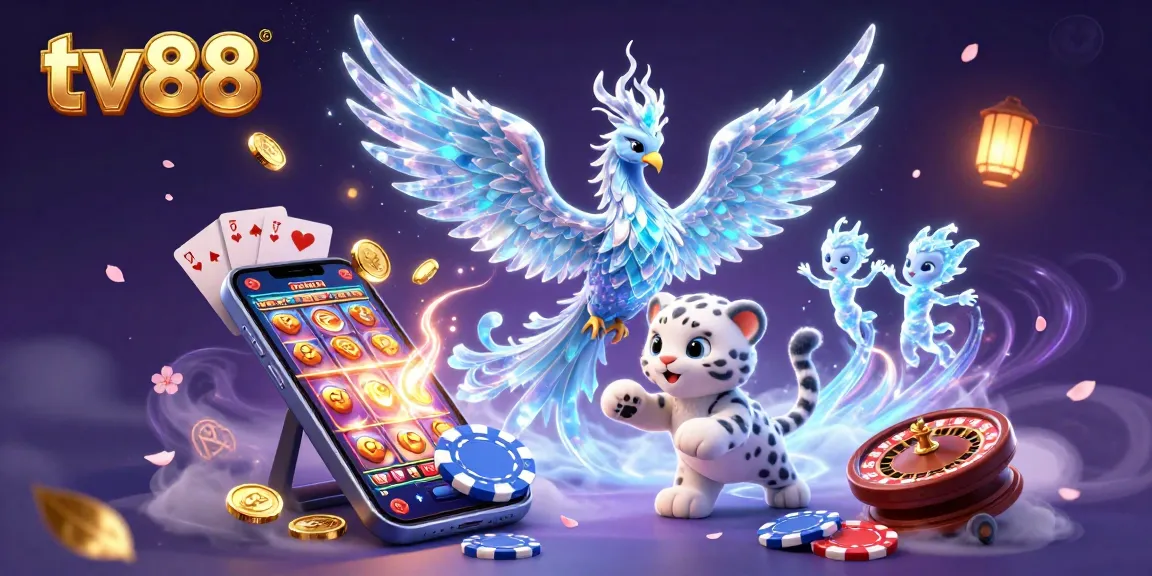 Spin and win with tv88's vibrant casino-themed illustration showcasing an ice phoenix and playful elements.