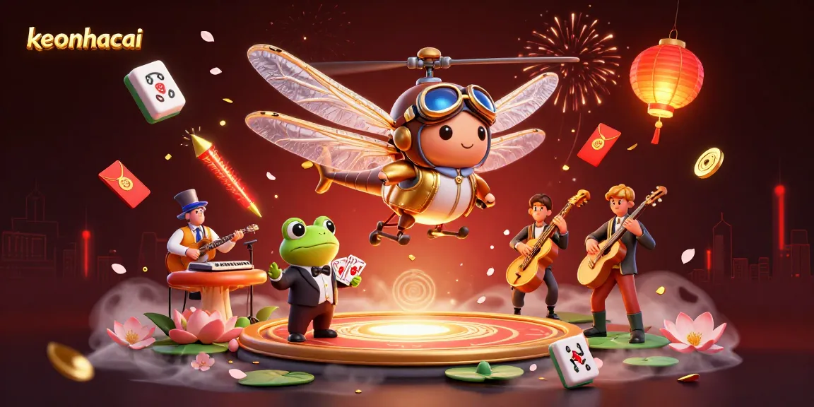 Engaging keonhacai scene with a dragonfly pilot and frog croupier, showcasing vibrant casino elements.