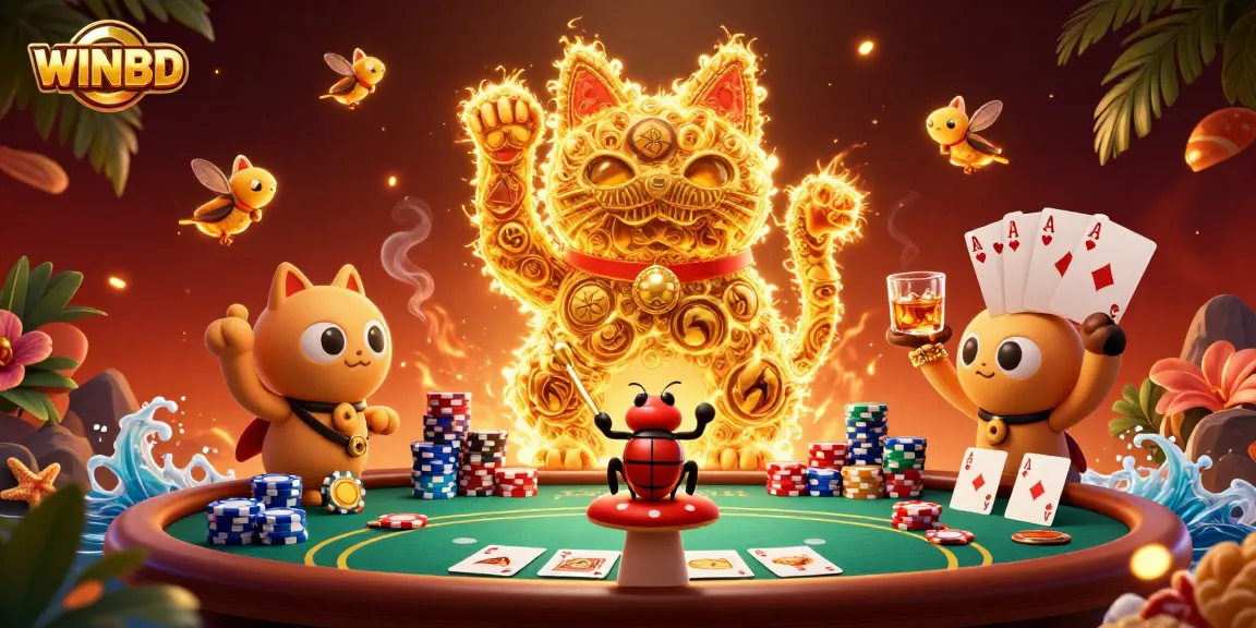 WINBD features a giant lucky cat made of golden fireflies amidst poker elements and vibrant casino atmosphere.