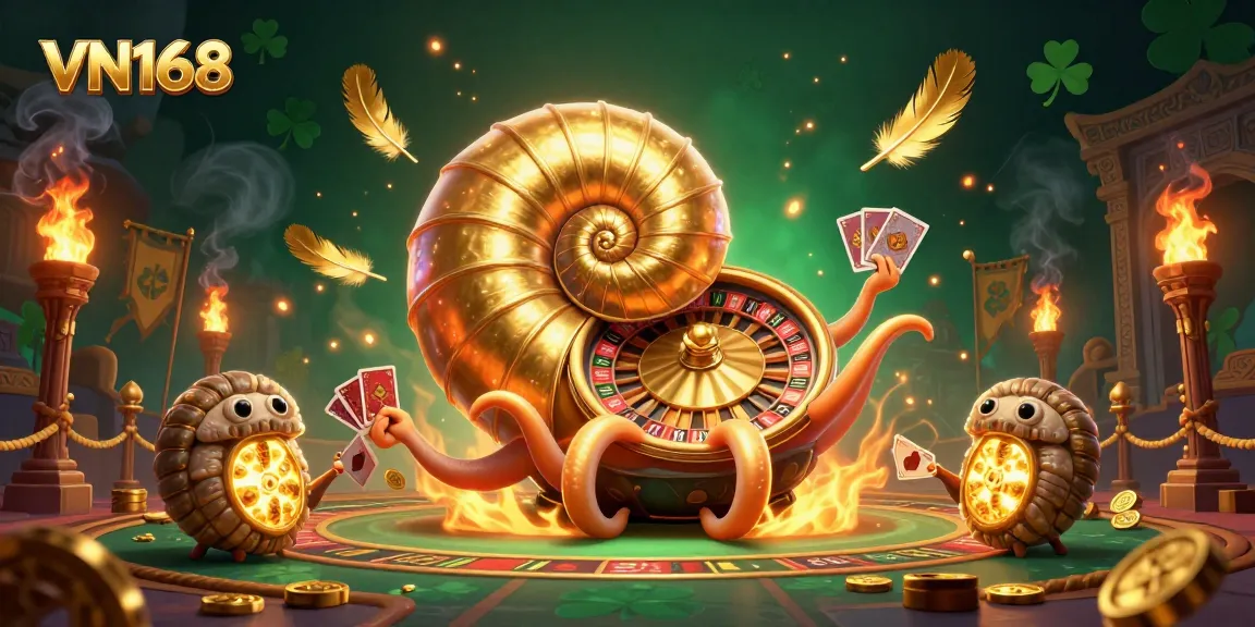 Engage with VN168's exciting casino atmosphere featuring a giant nautilus roulette wheel and glowing ammonites.