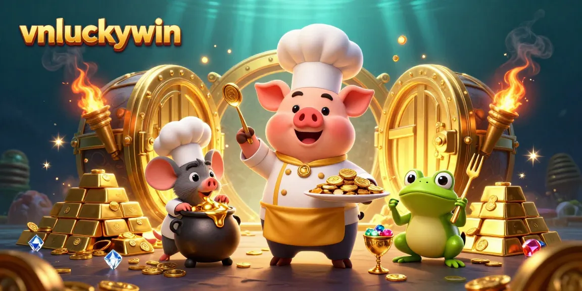 Experience rich winnings at vnluckywin with a chef pig and sous-chef mouse amid stunning gold treasures.