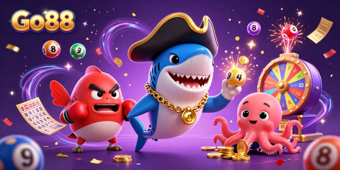 Experience rich rewards with Go88 in a dynamic casino scene featuring playful characters and lively game elements.