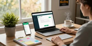 Using WhatsApp電腦版 on a sleek modern workstation with laptop, phone, and coffee in a cozy home office.