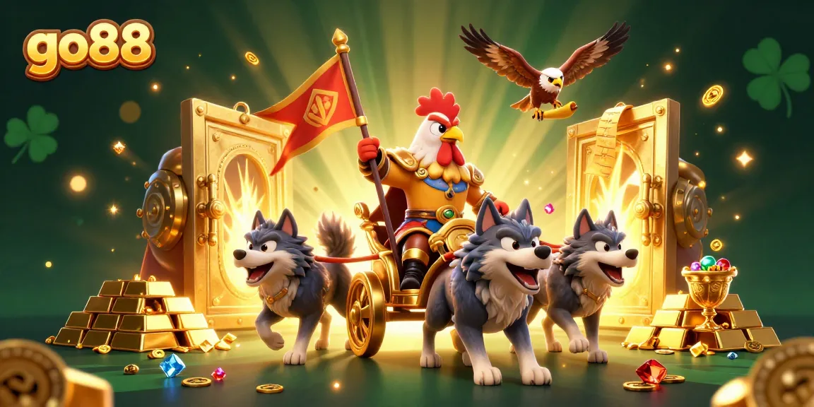 Engage in exciting adventures with go88, featuring a dynamic 3D rooster warlord in a casino treasure scene.