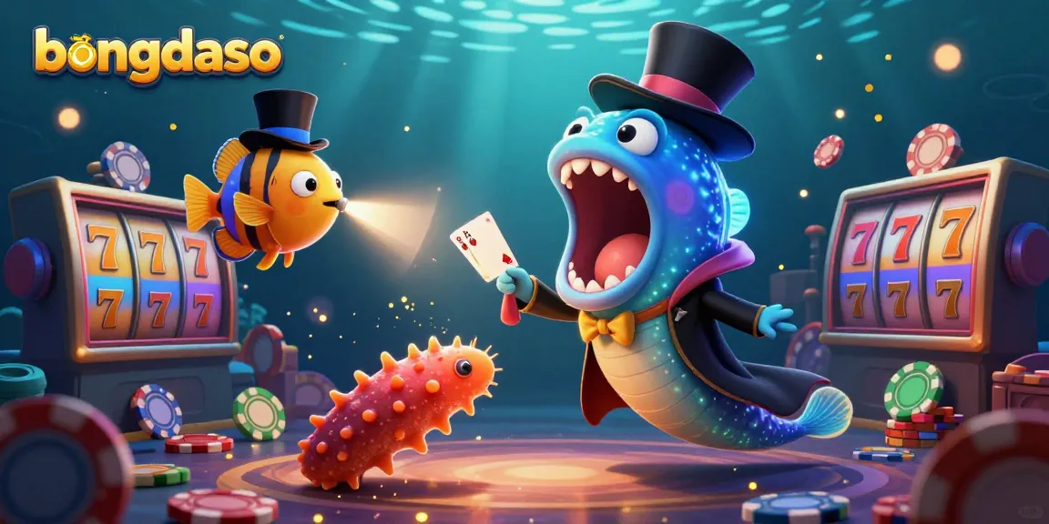 Bongdaso's thrilling underwater casino scene features a bioluminescent gulper eel performing magic tricks amid slot machines and sparkling lights.