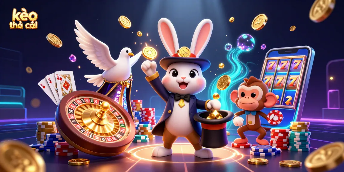 Engage with kèo nhà cái as a magician rabbit pulls golden coins, with vibrant casino elements.
