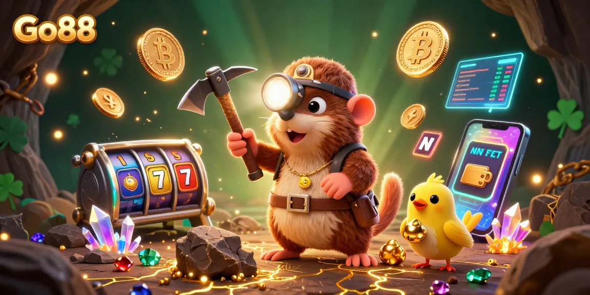 Engage in thrilling gameplay at Go88 with an exciting 3D treasure hunt illustration featuring characters amidst abundant gold.