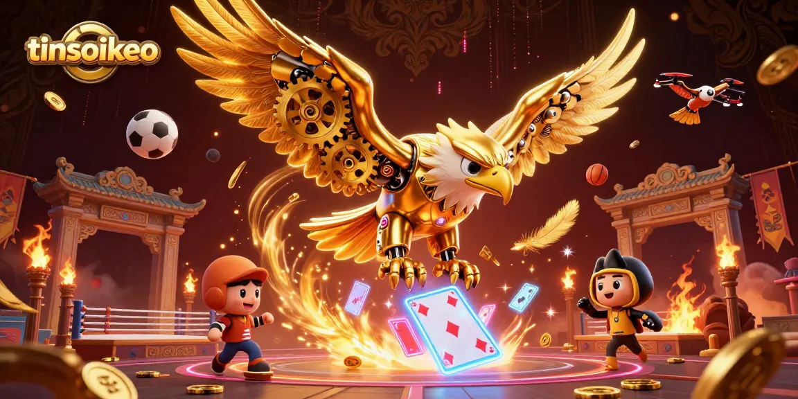 Win big with tinsoikeo as the cybernetic eagle dives through holographic playing cards in an exhilarating gambling scene.