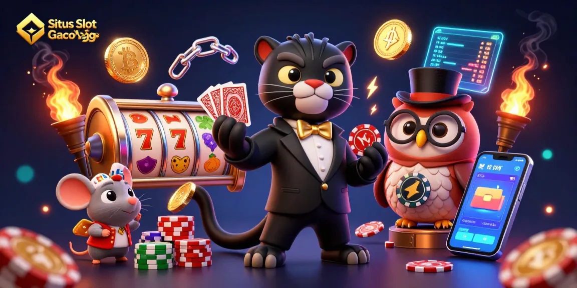 Situs Slot Gacor Dewagg showcases a panther dealing cards beside an owl and mouse, highlighting vibrant slot game elements.
