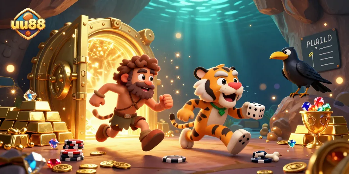 Spin the reels at uu88, a prehistoric casino with cavemen and treasures scattered throughout the scene.