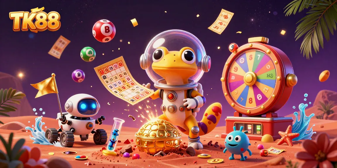 Discover exciting winnings with TK88, a vibrant 3D illustration of an alien casino scene overflowing with prizes.