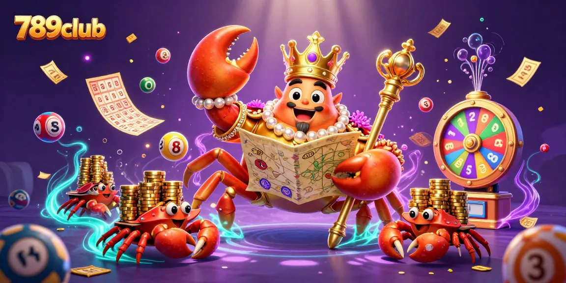 Engage with thrilling games at 789club, featuring a dynamic illustration of a golden crab emperor ruling the casino.
