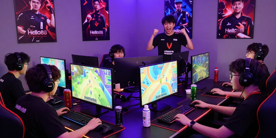 Excited players enjoying Hello88 online gaming experience with vibrant game visuals and community spirit.
