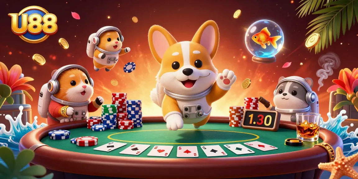 Experience the vibrant universe of U88's casino, featuring characters and gaming elements in a dynamic 3D scene.