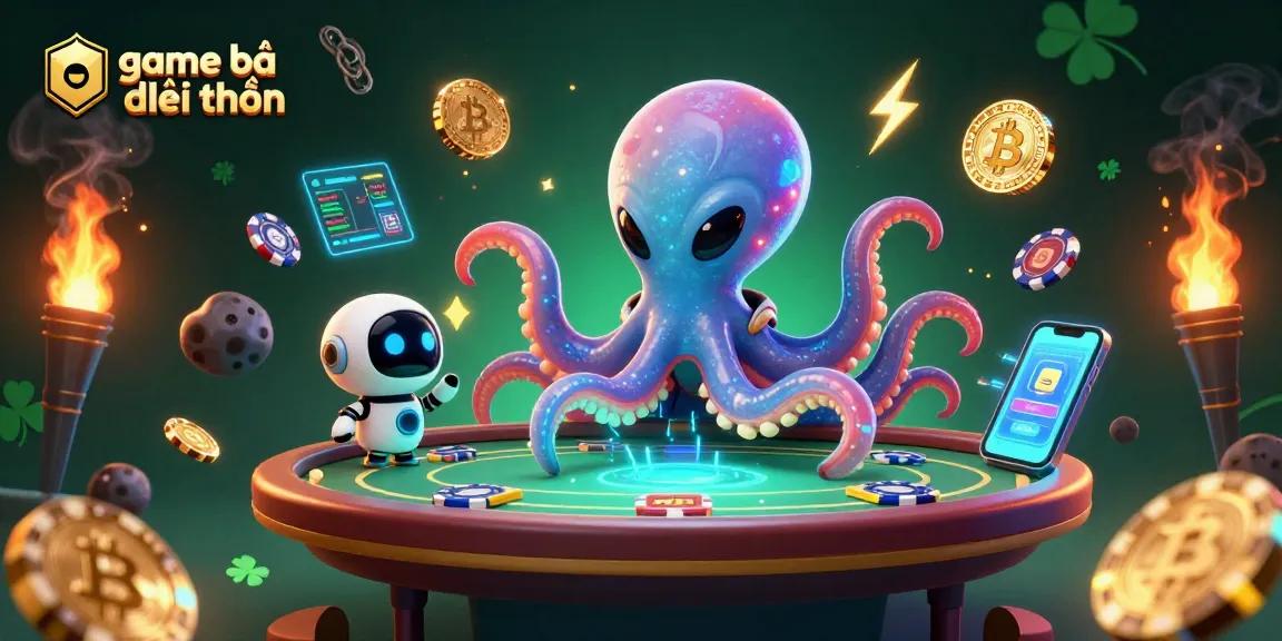 Engage in thrilling game bài đổi thưởng with a vibrant 3D illustration featuring an alien octopus and crypto elements.