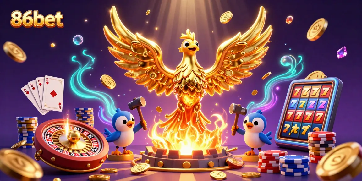Experience the excitement at 86bet with golden coins and casino elements in an engaging 3D casino scene.