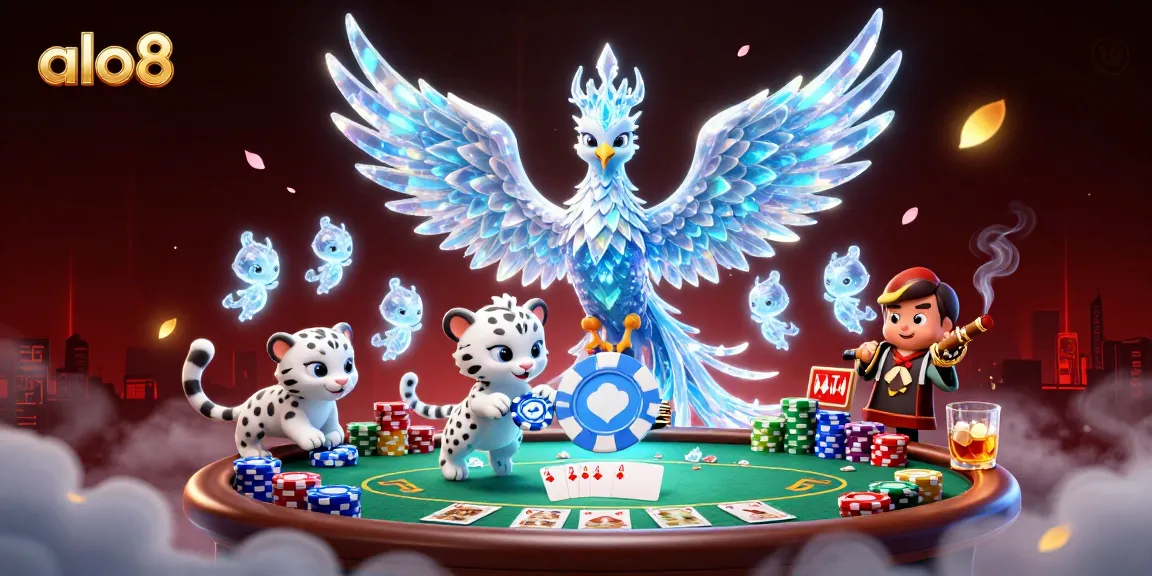 Alo8 engages players with a vibrant casino scene featuring an ice phoenix and poker elements.