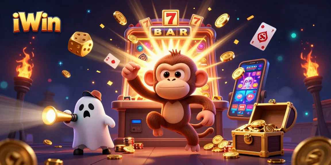 Engage with iWin as the playful monkey juggles golden coins in a vibrant haunted casino scene.