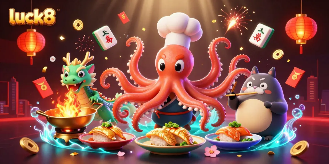 Experience luck8 in a vibrant casino scene with a sushi chef octopus, dragon, and tanuki, embodying luck and gaming excitement.