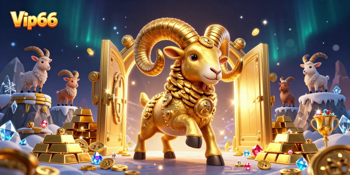 Experience thrilling wins at Vip66 with a golden ram charging through a treasure vault in an action-packed casino scene.