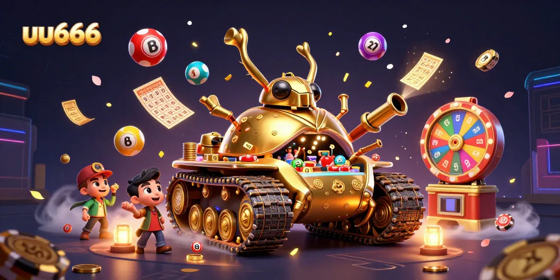 Engage with uu666's thrilling gaming atmosphere featuring a dynamic golden casino tank and vibrant lottery elements.