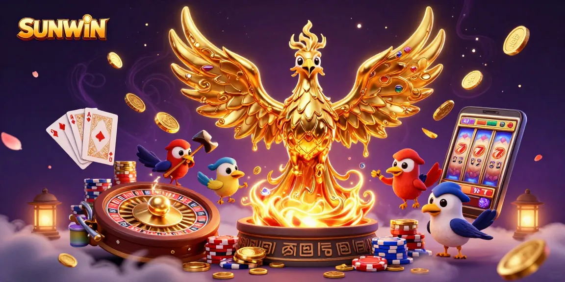 SUNWIN offers thrilling gambling experiences with a phoenix emerging from riches in a dynamic casino scene.