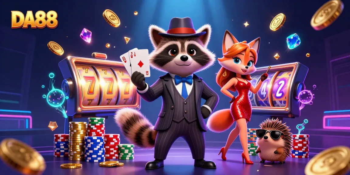 Experience the thrill of DA88 slot gameplay with a suave raccoon and a charming fox amid vibrant casino elements.