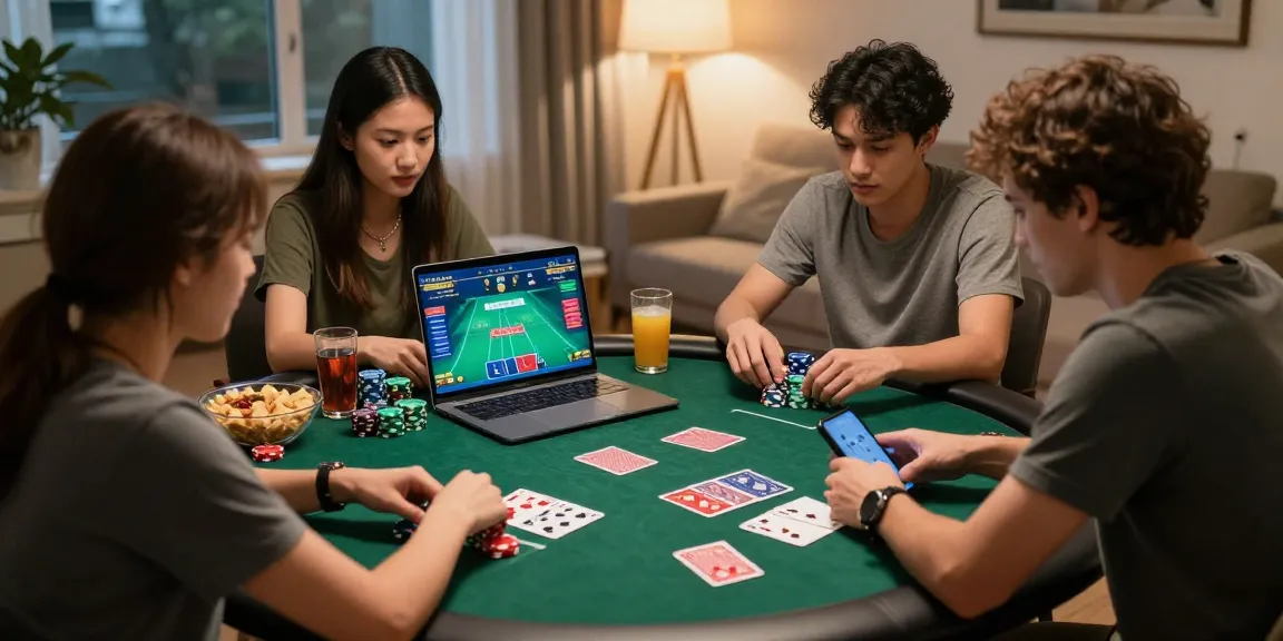 Engaging online poker gaming with friends featuring Daftar Dominobet on laptops and colorful poker chips in a cozy atmosphere.