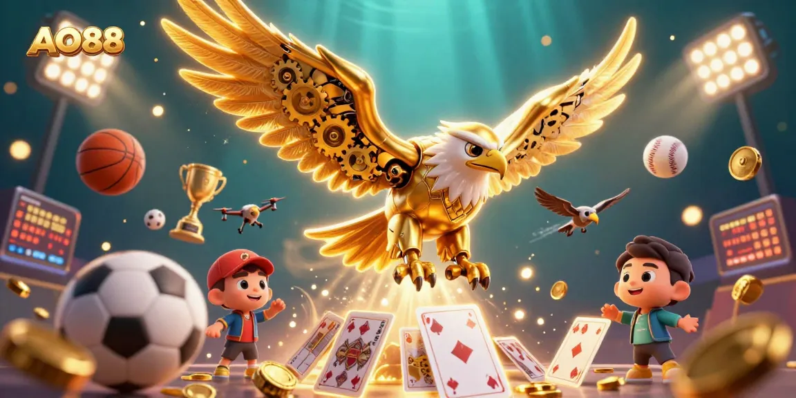 Experience thrilling play at AO88 with a dynamic digital illustration filled with vibrant gambling elements.