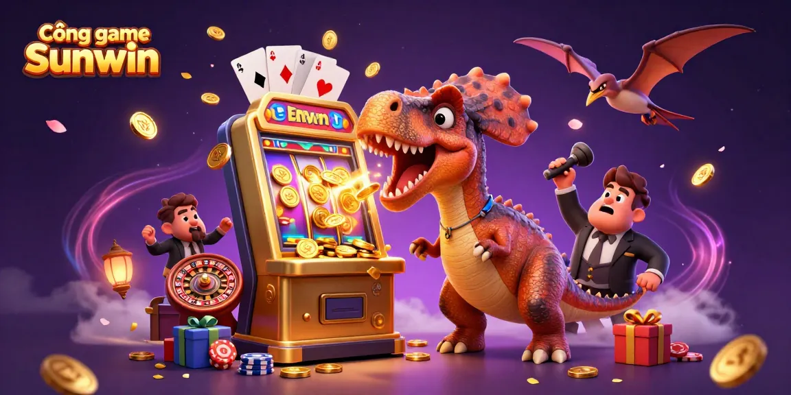 Experience the thrill of Cổng game Sunwin as dinosaurs engage with casino games in this vibrant illustration.